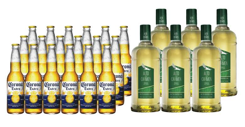 PACK CORONA ALTO: 18x Cerveza Corona Extra en Botellas 355cc + 6x Pisco Alto del Carmen 35 grados 1 Litro