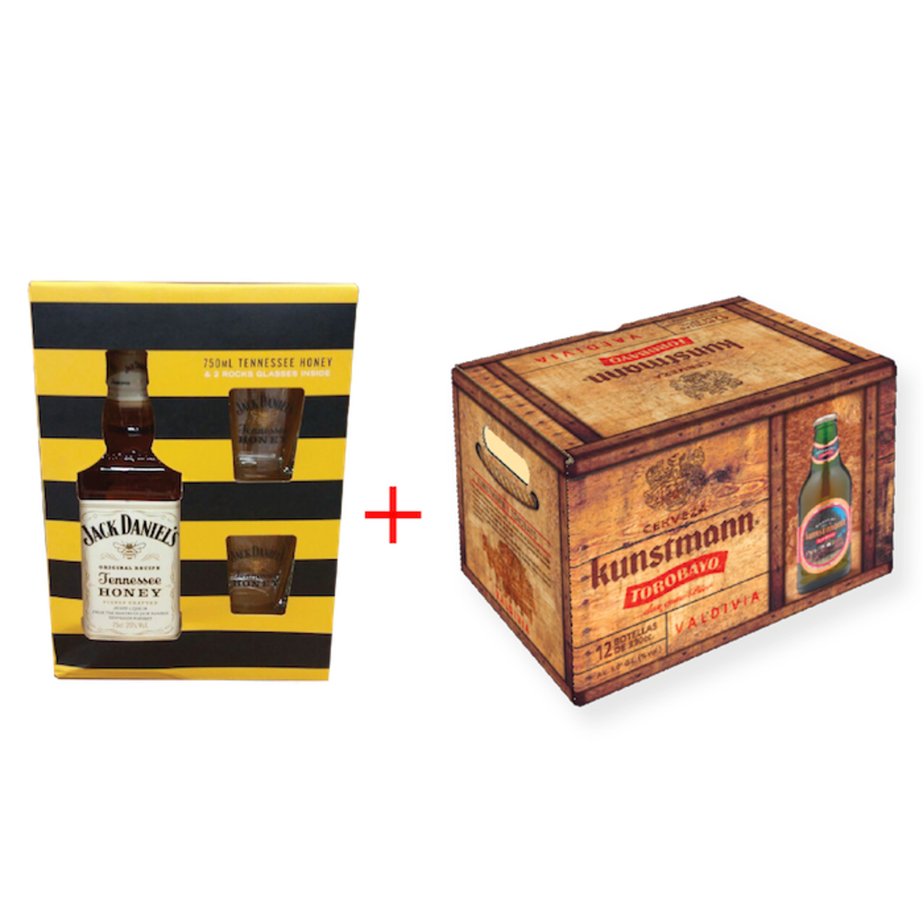 Jack Daniels Honey 750cc + 2 vasos + 12x Kunstmann Torobayo 330cc