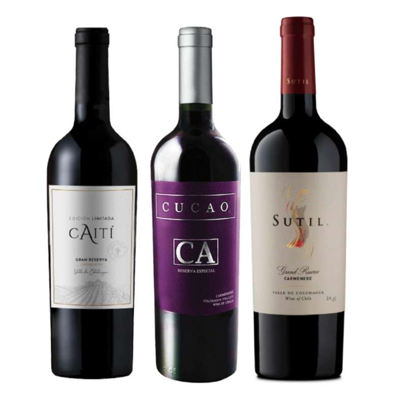 CYBER WINE PACK: Vino Caiti Gran Reserva Carmenere 750cc + Vino Cucao Reserva Carmenere 750cc + Vino Sutil Gran Reserva Carmenere 750cc