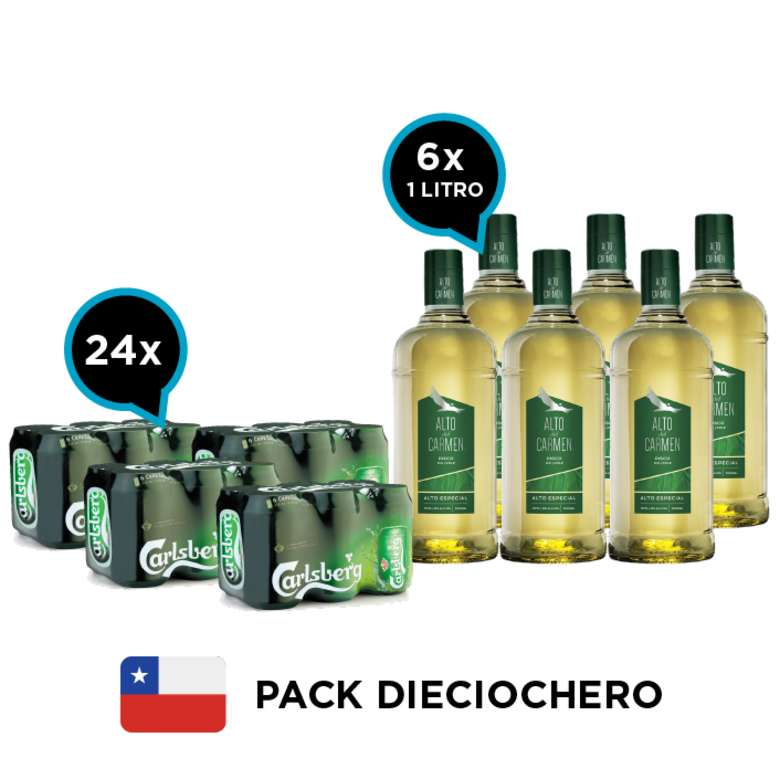 PACK DIECIOCHERO Nº1: 24x Cerveza Carlsberg en Latas 330cc + 6x Pisco Alto del Carmen 35 grados 1 Litro