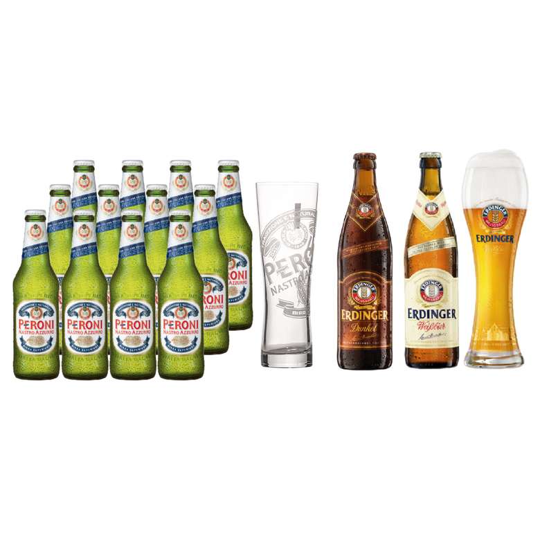 PACK PERONI ERDINGER: 12x Peroni en Botellas 330cc + Vaso Peroni + 2x Erdinger en Botellas 500cc + Vaso Erdinger