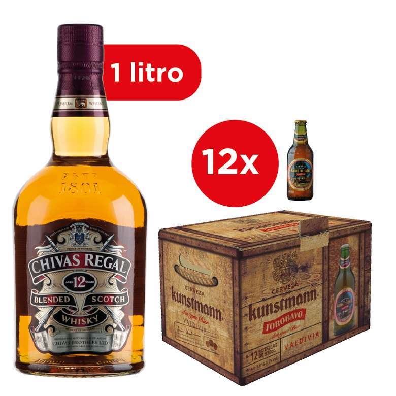 Chivas Regal 12 Años 1 Litro + 12x Cerveza Kunstmann Torobayo 330cc