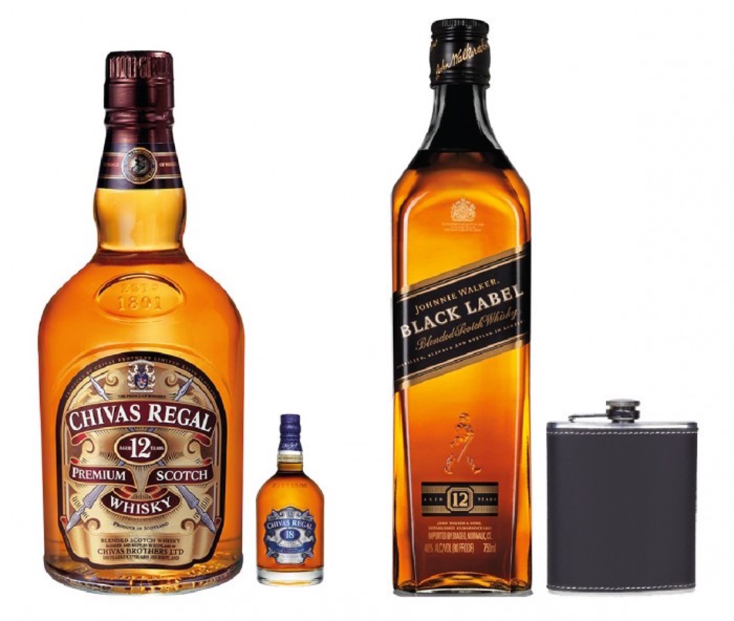Chivas Regal 12 Años 750cc + Chivas 18 Años Mini 50cc + Johnnie Walker Black Label 750cc + Licorera