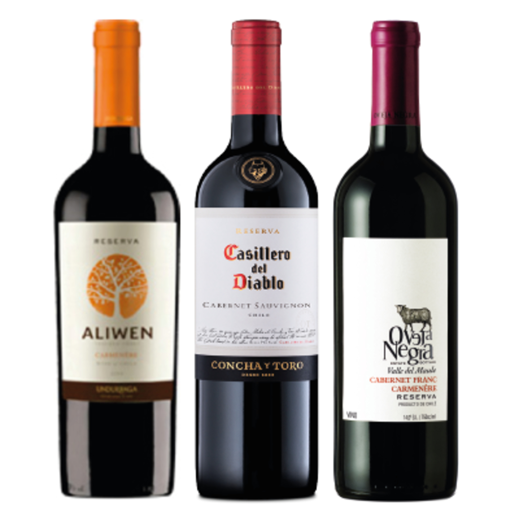 PACK RESERVA: Undurraga Aliwen Carmenere + Casillero Del Diablo Cabernet + Oveja Negra Cabernet Franc / Carmenere