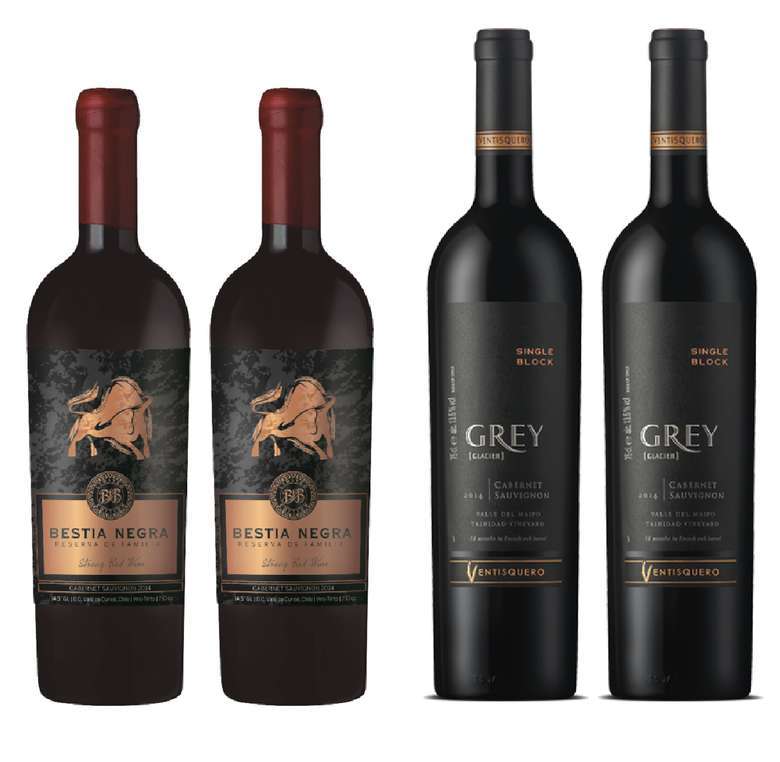 PACK VINOS GRAN RESERVA Nº6: 2x Vino Bestia Negra Carmenere 750cc + 2x Vino Ventisquero Grey Cabernet Sauvignon 750cc