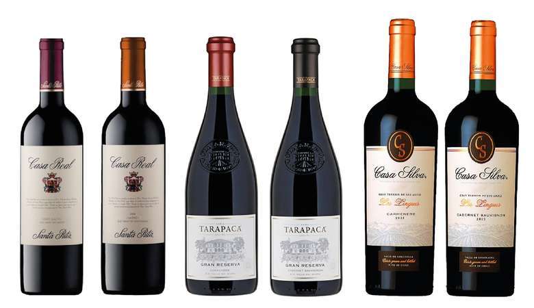 PACK VINOS GRAN RESERVA Nº9: Vinos Casa Real Carmenere y Cabernet + Vinos Tarapacá Gran Reserva Carmenere y Cabernet + Vinos Gran Terroir Casa Silva Carmenere y Cabernet