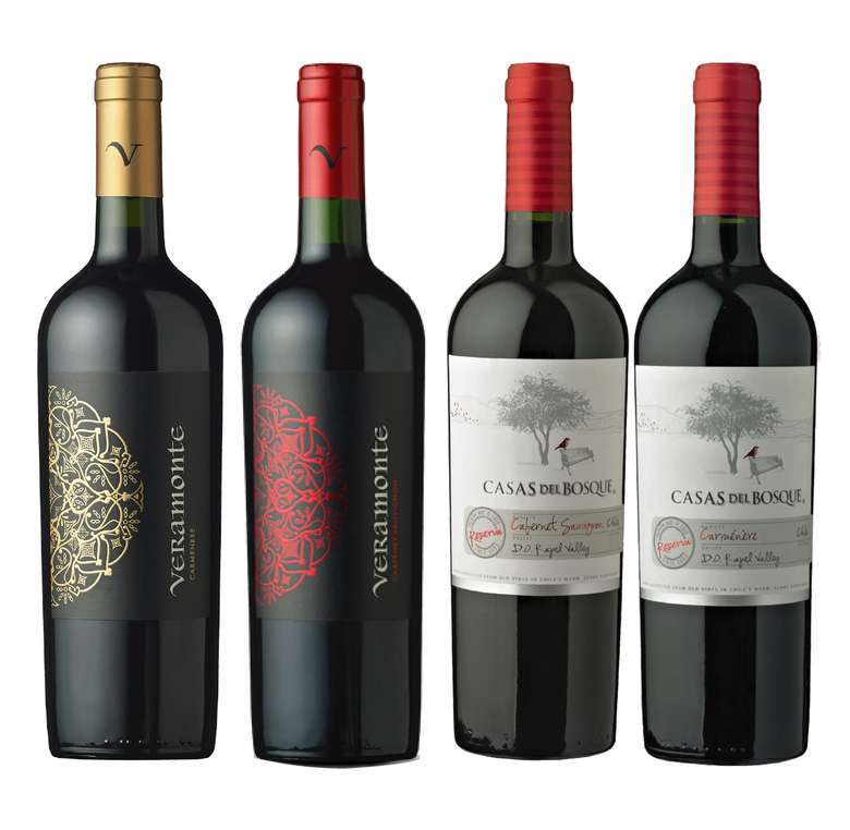 Vino Veramonte Reserva Carmenere 750cc + Vino Veramonte Reserva Cabernet Sauvignon 750cc + Vino Casas del Bosque Reserva Cabernet Sauvignon 750cc + Vino Casas del Bosque Reserva Carmenere 750cc