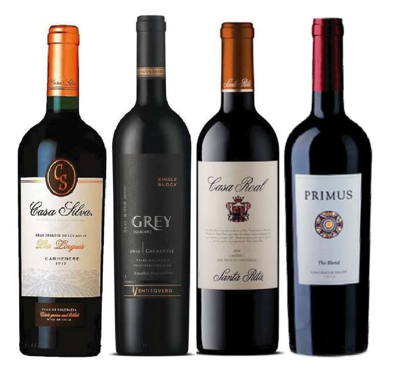 PACK CYBER GRAN PREMIUM (Carmenere): Vino Casa Silva Gran Terroir Carmenere 750cc + Vino Ventisquero Grey Carmenere 750cc + Vino Casa Real Carmenere 750cc + Vino Veramonte Primus The Blend 750cc