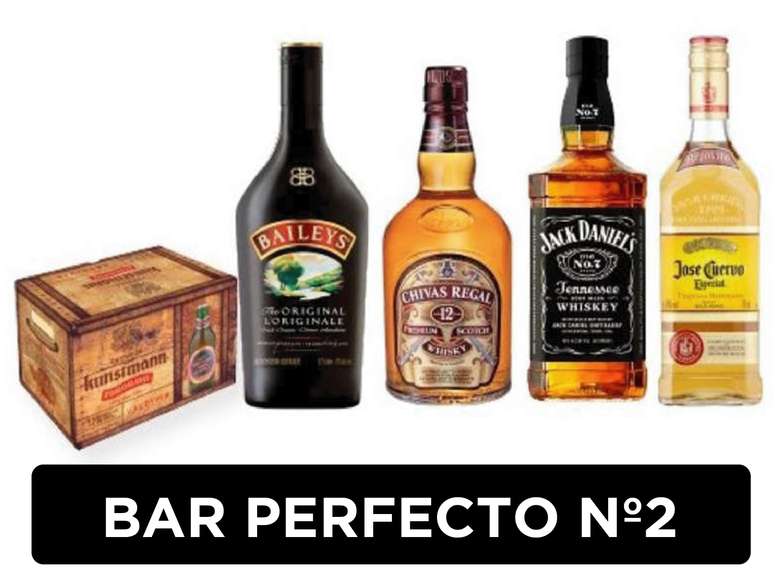 BAR PERFECTO Nº2: 12x Cerveza Kunstmann Torobayo + Licor Baileys + Whisky Chivas Regal 12 Años + Whiskey Jack Daniels N7 + Tequila Jose Cuervo