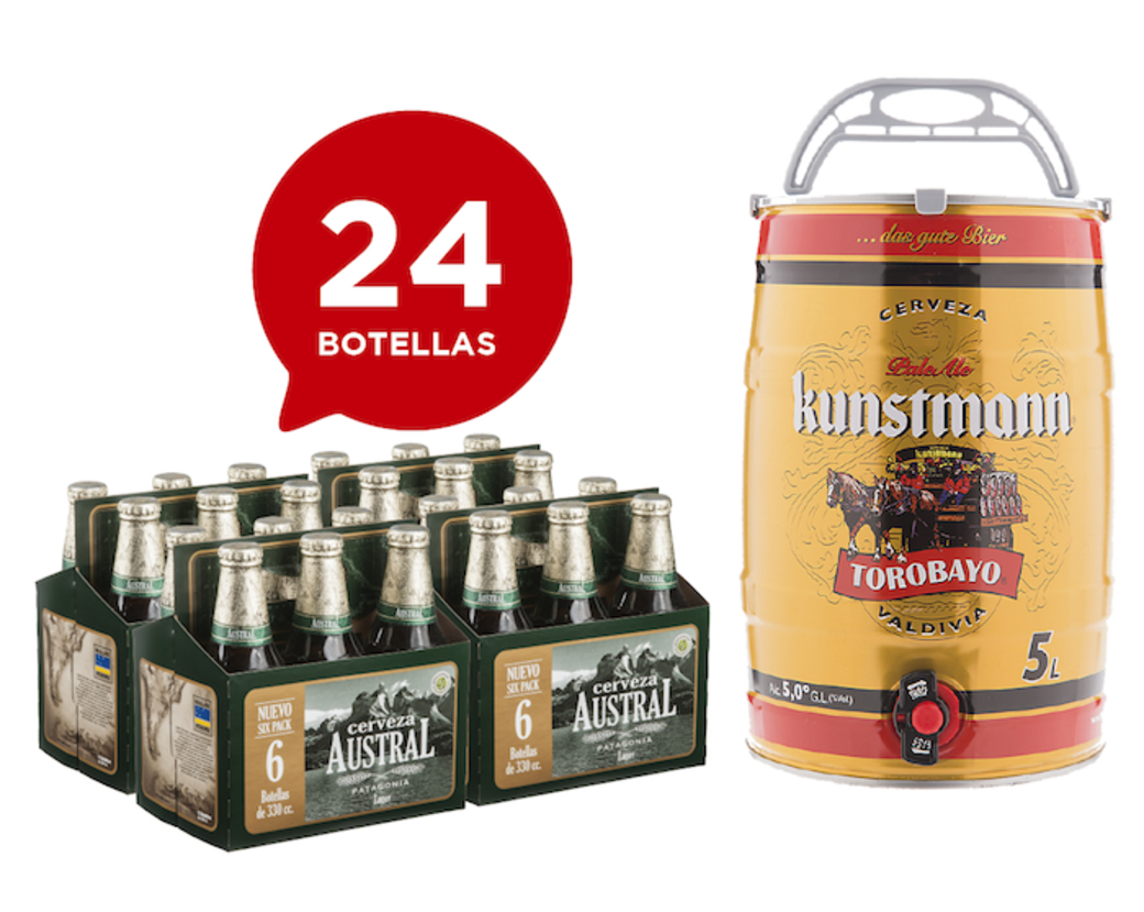 24x Cerveza Austral Lager en Botellas 330cc + Barril Cerveza Kunstmann Torobayo 5 Litros