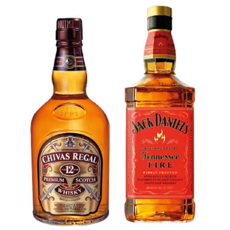 PACK CHIVAS JACK FIRE: Whisky Chivas Regal 12 años 750cc + Whiskey Jack Daniels Tennessee Fire 750cc