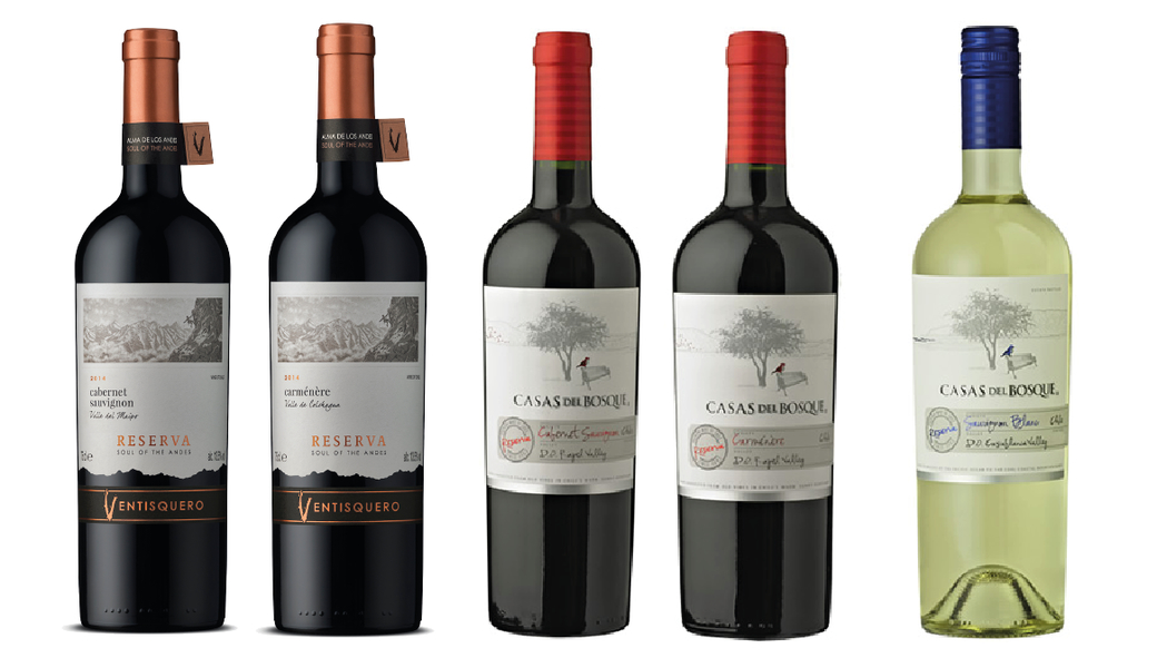 Ventisquero Reserva Cabernet + Ventisquero Reserva Carmenere + Casas del Bosque Reserva Carmenere + Casas del Bosque Reserva Cabernet + Casas del Bosque Reserva Sauvignon Blanc