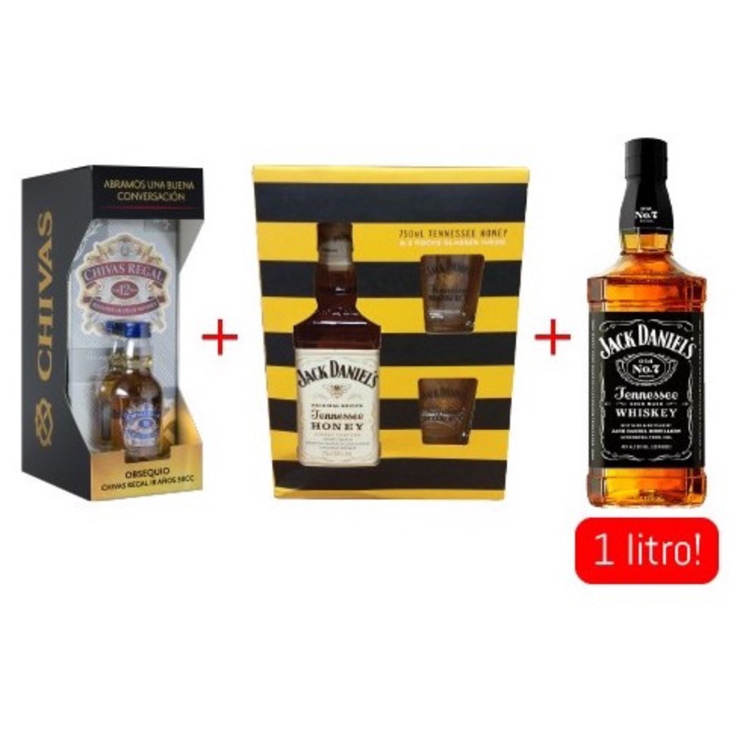 Chivas Regal 12 años 750cc + Chivas 18 mini + Jack Daniels Honey 750cc + 2 vasos + Jack Daniels N7 de 1 Litro