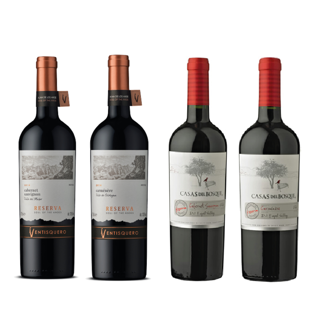Ventisquero Reserva Cabernet Sauvignon 750cc + Ventisquero Reserva Carmenere 750cc + Casas Del Bosque Reserva Cabernet Sauvignon 750cc + Casas Del Bosque Reserva Carmenere 750cc