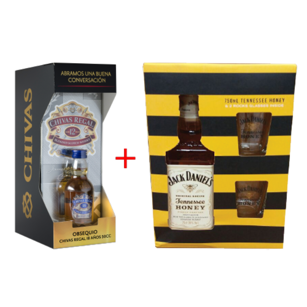 Chivas Regal 12 años + Chivas 18 años mini + Jack Honey + 2 vasos!