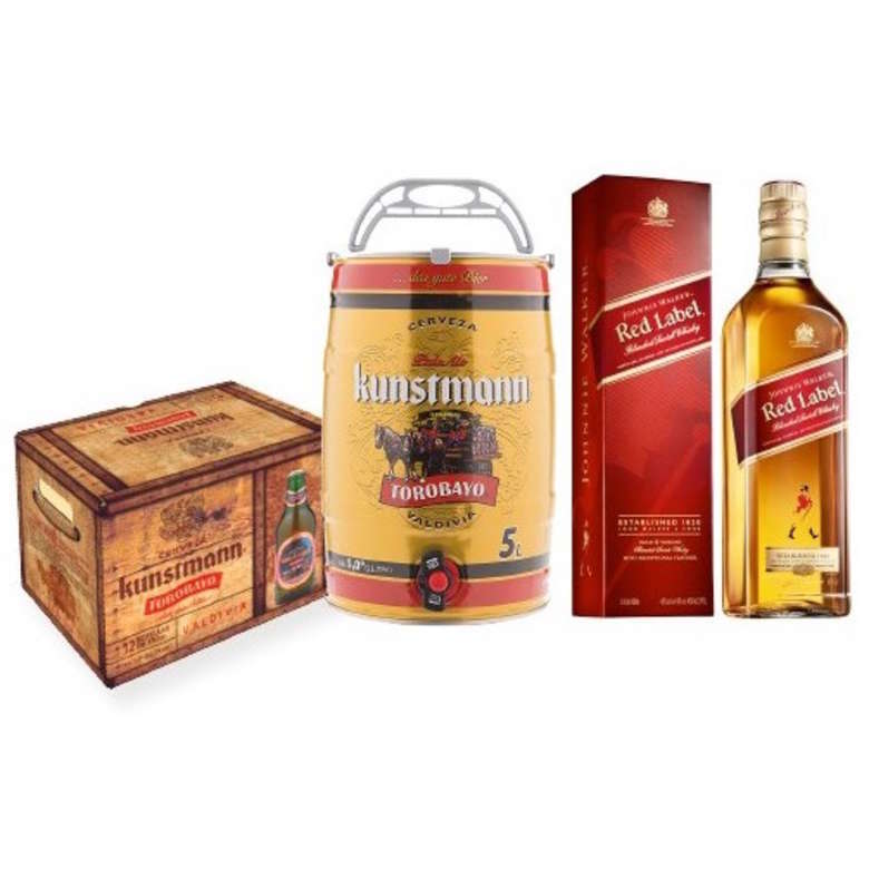 12x Cerveza Kunstmann Torobayo en Botellas 330cc + Barril de Cerveza Kunstmann 5 Litros + Whisky Johnnie Walker Red Label 750cc