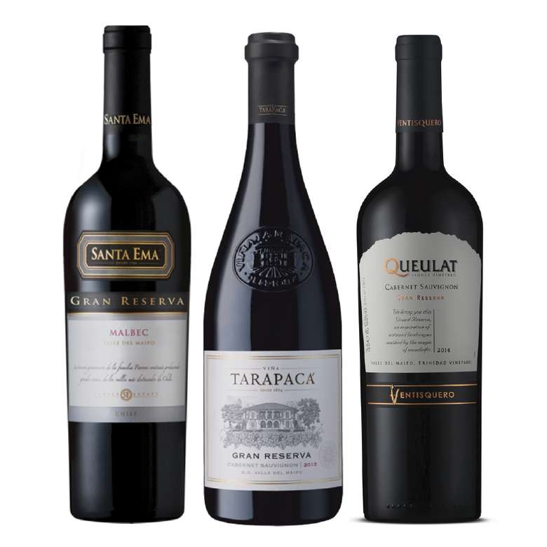 PACK GRAN RESERVA SUMMER Nº2: Vino Santa Ema Gran Reserva Malbec 750cc + Vino Tarapacá Gran Reserva Cabernet Sauvignon 750cc + Vino Ventisquero Queulat Gran Reserva Cabernet Sauvignon 750cc