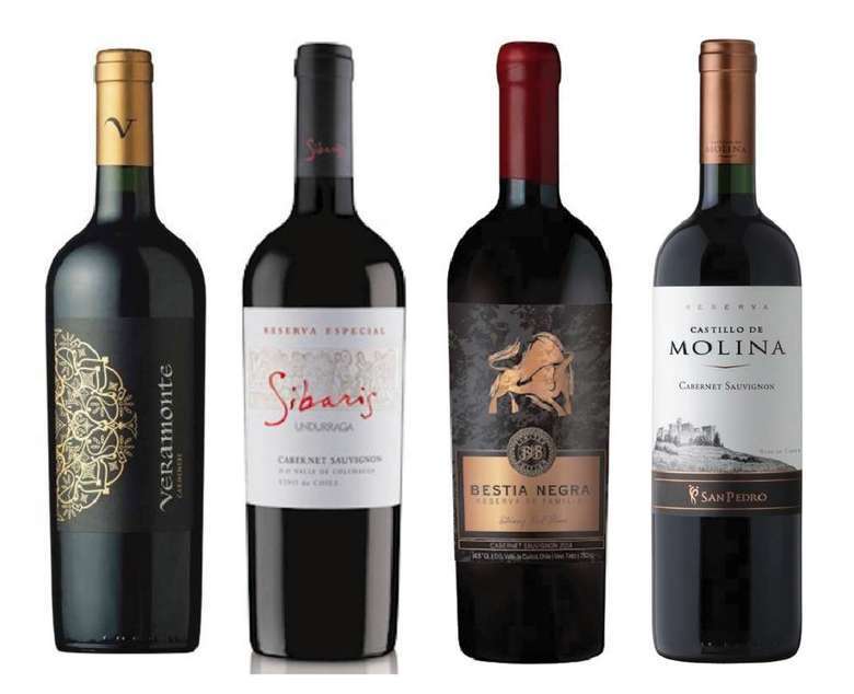 PACK VINOS RESERVA Nº3: Vino Veramonte Carmenere Reserva 750cc + Vino Undurraga Sibaris Cabernet Sauvignon 750cc + Vino Bestia Negra Cabernet Sauvignon 750cc + Vino Castillo de Molina Cabernet Sauvignon 750cc