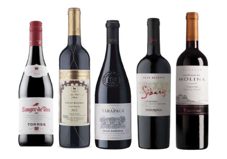 PACK VINOS GRAN RESERVA Nº3: Sangre de Toro Garnacha 750cc + Miguel Torres Gran Reserva Cabernet Sauvignon 750cc + Tarapaca Gran Reserva Cabernet Sauvignon 750cc + Undurraga Sibaris Carmenere 750cc + Castillo de Molina Carmenere 750cc