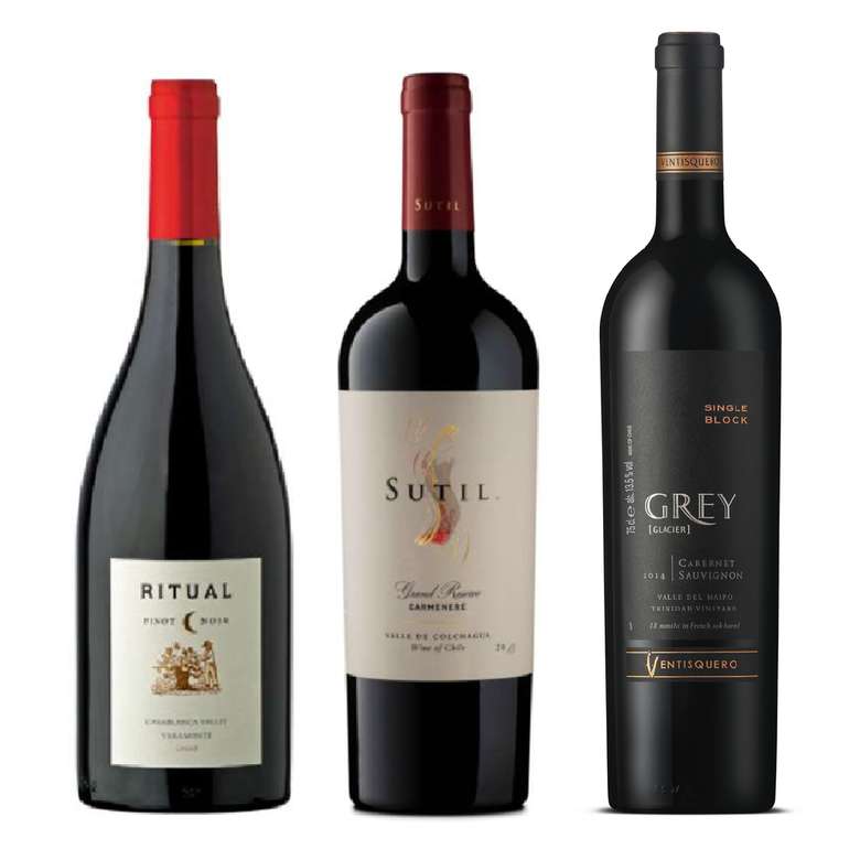 PACK GRAN TRIO Nº2: Vino Ritual Veramonte Pinot Noir 750cc + Vino Sutil Gran Reserva Carmenere 750cc + Vino Ventisquero Grey Cabernet Sauvignon 750cc
