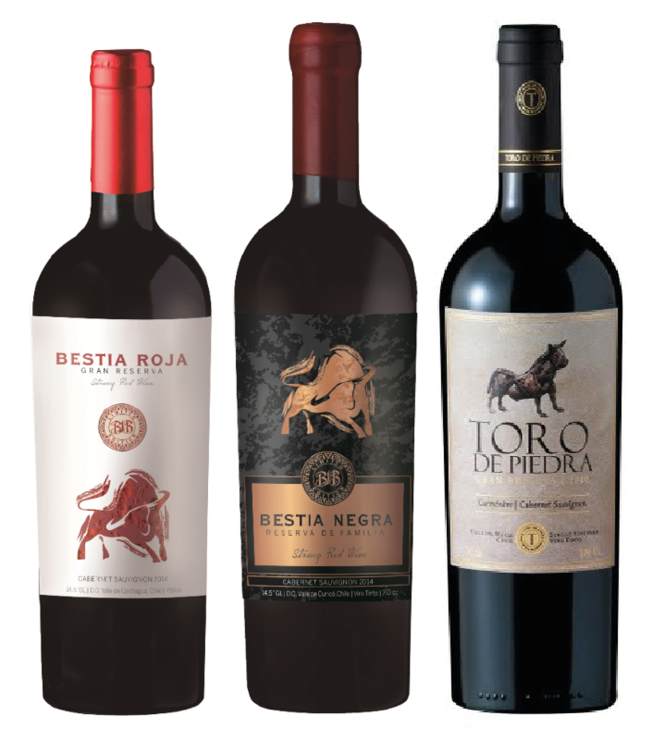 PACK GRAN RESERVA 2: Vino Bestia Roja Cabernet Sauvignon 750cc + Vino Bestia Negra Cabernet Sauvignon 750cc + Vino Toro De Piedra Carmenere/Cabernet Sauvignon 750cc