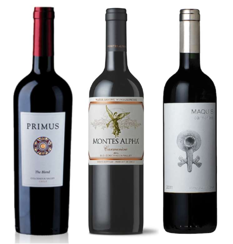 PACK PRIMUS MONTES MAQUIS (Carmenere): Vino Veramonte Primus The Blend 750cc + Vino Montes Alpha Carmenere 750cc + Vino Maquis Gran Reserva Carmenere 750cc