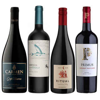 Imagen de EL PACK DE PEDRO: Vino Carmen Gran Reserva Petite Syrah 750cc + Vino Odfjell Gran Reserva Capítulo Flying Fish (CA/CS/MA) 750cc + Vino Ritual Pinot Noir Orgánico750cc + Vino Primus Cabernet Sauvignon 750 cc