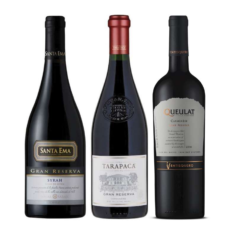 PACK GRAN RESERVAS SUMMER Nº1: Vino Santa Ema Gran Reserva Syrah 750cc + Vino Tarapacá Gran Reserva Carmenere 750cc + Vino Ventisquero Queulat Gran Reserva Carmenere 750cc