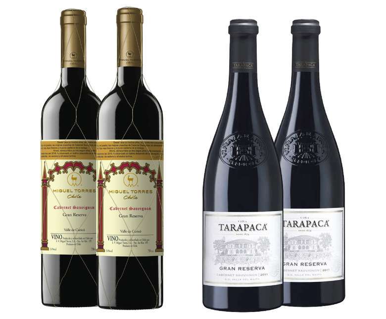 2x Vino Miguel Torres Gran Reserva Cabernet Sauvignon 750cc + 2x Vino Tarapaca Gran Reserva Cabernet Sauvignon 750cc