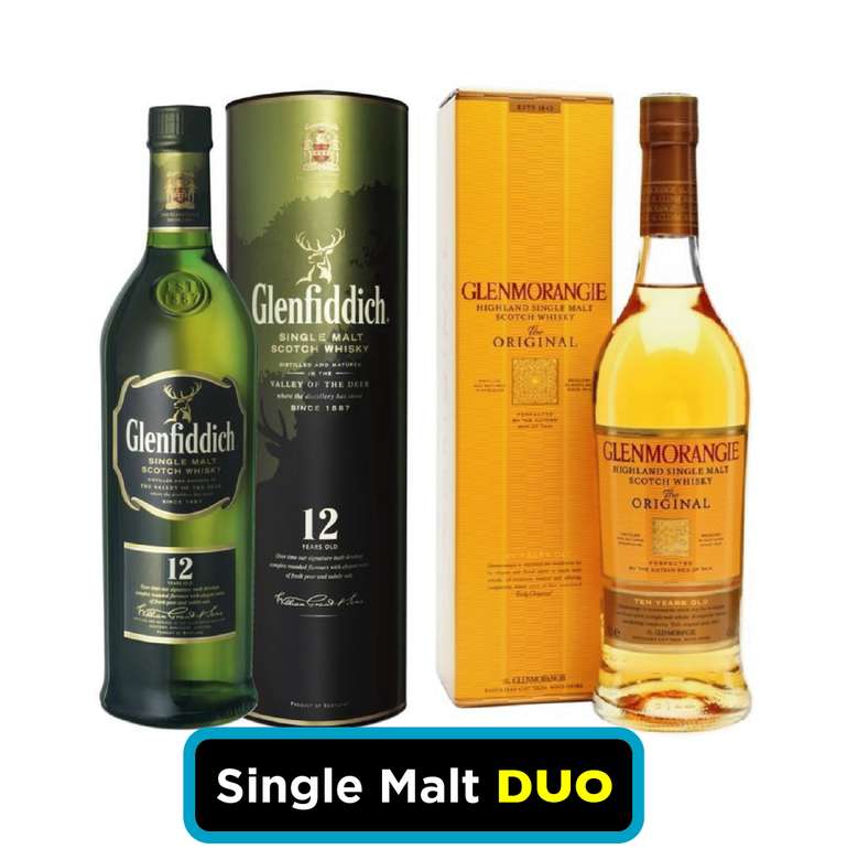 SINGLE MALT DUO: Whisky Glenfiddich 12 años 750cc 40º alc. + Whisky Glenmorangie Original 10 años 700cc 40º alc.