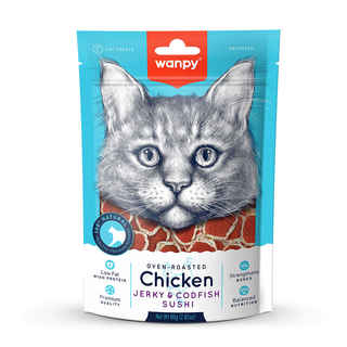 Imagen de Snack Para Gatos Wanpy Chicken Jerky and Codfish Sushi 80 grs.