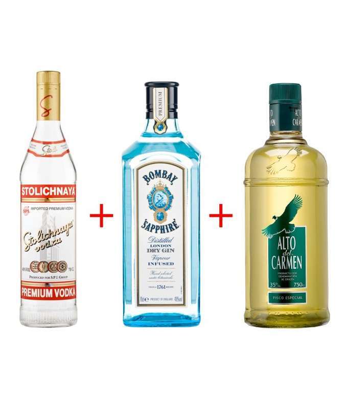 Stolichnaya 750cc + Bombay Saphire 750cc + Alto del Carmen 750cc