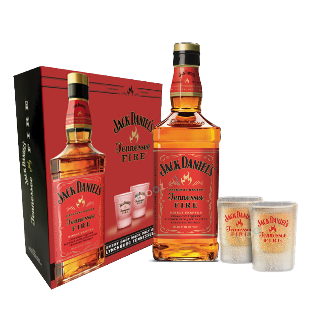 PACK JACK FIRE: Whiskey Jack Daniels Fire 750cc + 2 Vasos Shot