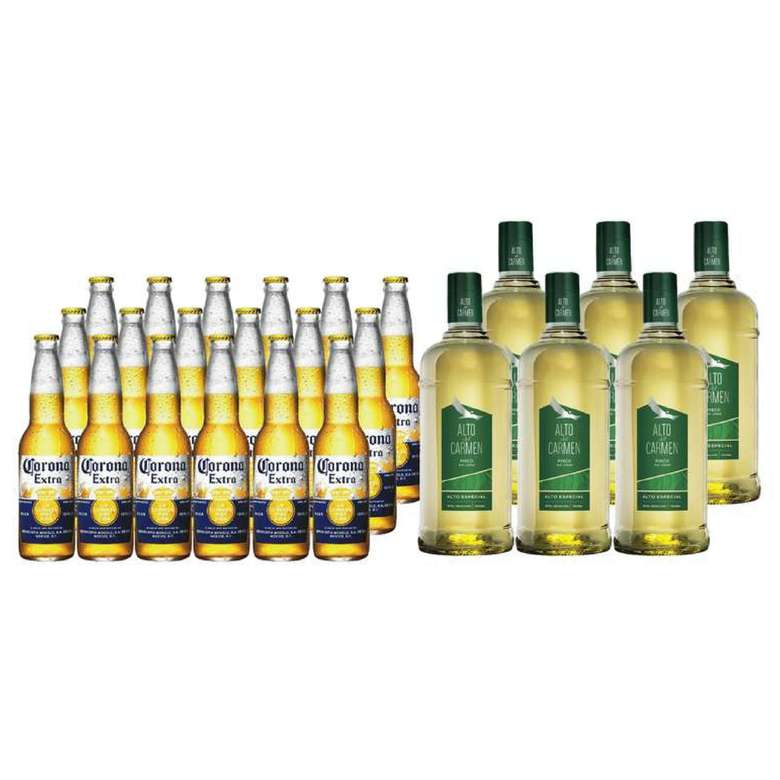 PACK CORONA ALTO: 18x Cerveza Corona Extra en Botellas 355cc + 6x Pisco Alto del Carmen 35 grados 1 Litro