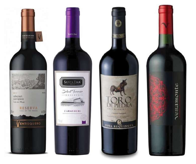 PACK VINOS RESERVA Nº1: Vino Ventisquero Reserva Cabernet Sauvignon 750cc + Santa Ema Select Terroir Reserva Carmenere 750cc + Vino Toro de Piedra Cabernet Sauvignon 750cc + Vino Veramonte Reserva Cabernet Sauvignon 750cc