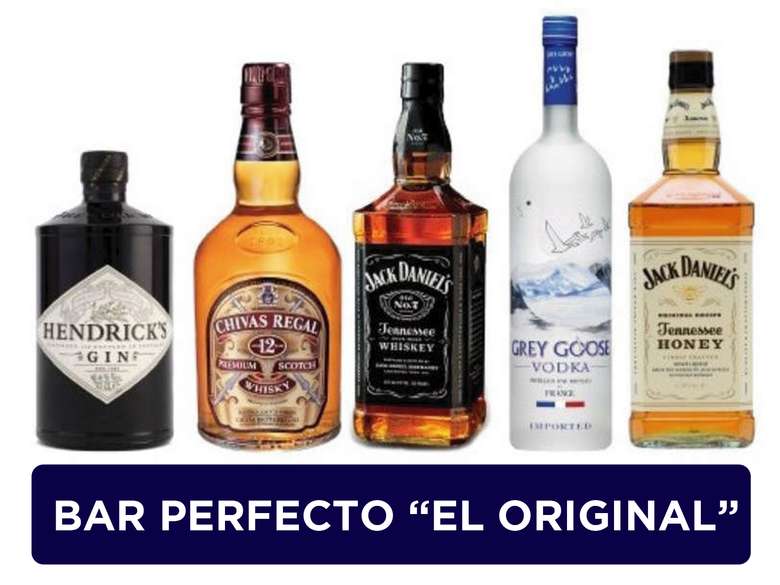 EL BAR PERFECTO "EL ORIGINAL": Gin Hendricks 700cc + Whisky Chivas Regal 12 años 750cc + Whiskey Jack Daniels 750cc + Vodka Grey Goose 750cc + Whiskey Jack Daniels Honey 750cc.