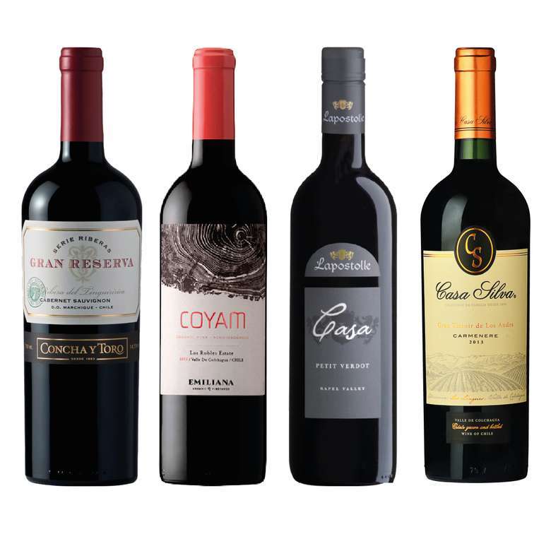 PACK VINOS PREMIUM Nº1: Vino Serie Riberas Cabernet 750cc + Vino COYAM 750cc + Vino Lapostolle Grand Selection Petite Verdot 750cc + Vino Casa Silva Gran Terroir Carmenere 750cc