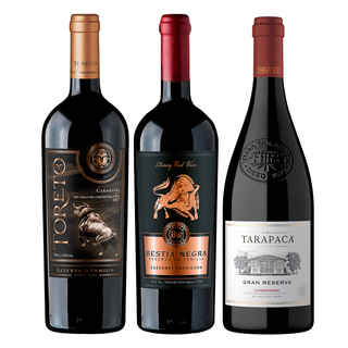 Imagen de PACK TORETO RF N°3: 1x Vino Toreto Reserva de Familia Carmenere 750cc + 1x Vino Bestia Negra Carmenere 750cc + 1x Vino Tarapacá Gran Reserva Carmenere 750cc