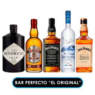 Imagen de EL BAR PERFECTO "EL ORIGINAL":  Gin Hendricks 700cc + Whisky Chivas Regal 12 años 750cc +  Whiskey Jack Daniels 750cc + Vodka Grey Goose 750cc + Whiskey Jack Daniels Honey 750cc.