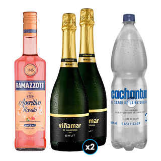 Imagen de PACK SPRITZ PERFECTO N°13 1x Licor Aperitivo Ramazzotti Rosato 700cc  + 2x Espumante Viñamar Charmat Brut 750cc + 1x Agua Mineral Cachantun Con Gas 1.6 Litros