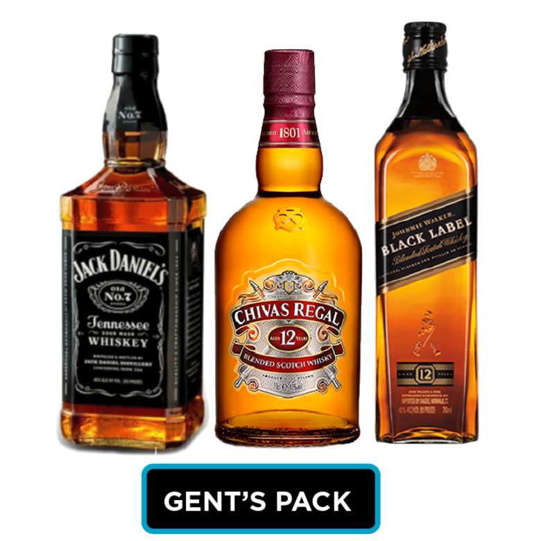 GENTS PACK Nº1: Whiskey Jack Daniels Old N7 750cc 40º alc. + Whisky Chivas Regal 12 años 750cc 40º alc. + Whisky Johnnie Walker Black Label 750cc 40º alc.