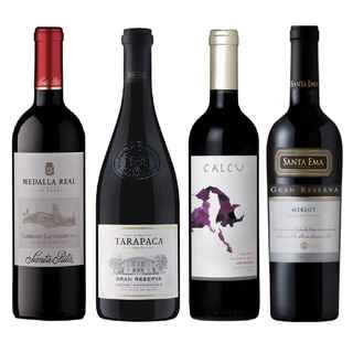 Imagen de PACK GRAN RESERVA Nº4: Vino Medalla Real Gran Reserva Cabernet Sauvignon 750cc + Vino Tarapacá Gran Reserva Cabernet Sauvignon 750cc + Vino Calcu Gran Reserva Cabernet Sauvignon 750cc + Vino Santa Ema Gran Reserva Merlot 750cc