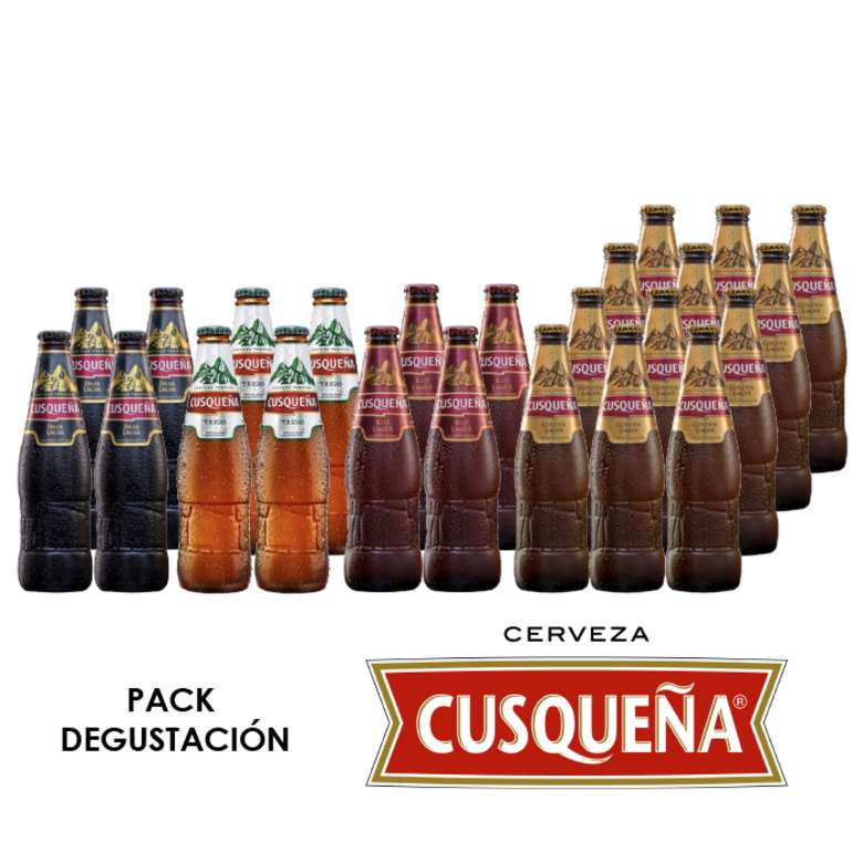 PACK DEGUSTACIÓN CUSQUEÑA: 4x Cerveza Cusqueña Dark en Botellas 330cc + 4x Cerveza Cusqueña Trigo Botella 330cc + 4x Cerveza Cusqueña Red Botella 330cc + 12x Cerveza Cusqueña Dorada en Botellas 330cc