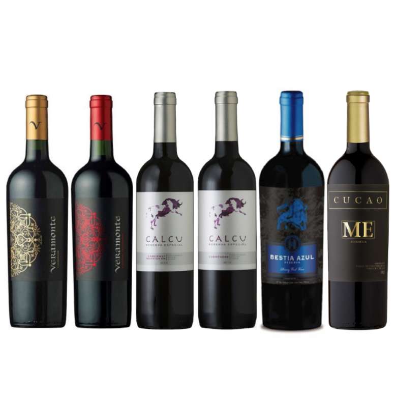 PACK VINOS RESERVA BEST VALUE: Veramonte (Carmenere + Cabernet) + Calcu Reserva (Carmenere + Cabernet) + Bestia Azul Cabernet + Cucao Merlot