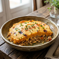 Escondidinho de frango desfiado com batata doce