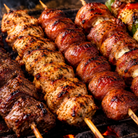 Kafta , medalhão de frango , queijo coalho, costelinha suína 