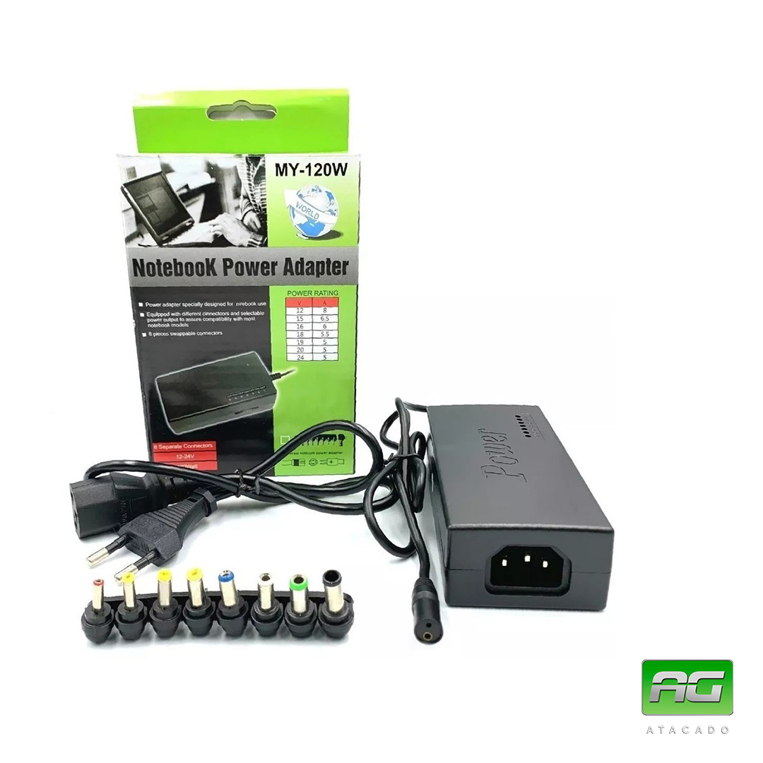 CARREGADOR UNIVERSAL P/NOTEBOOK TENSÃO DE SAIDA AJUSTAVEL ENTRE 12 E 24 VDC C/8 PINOS DC-120W