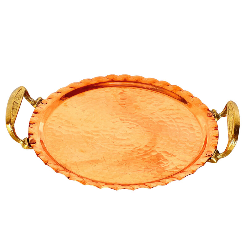 Bandeja de Cobre Redonda Com Alças Douradas PP ( 29 Cm)