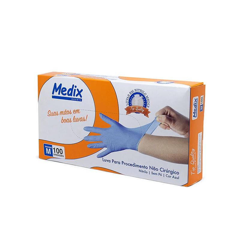 Luva Nitrílica sem pó azul - tamanho P - 100 unidades - Medix