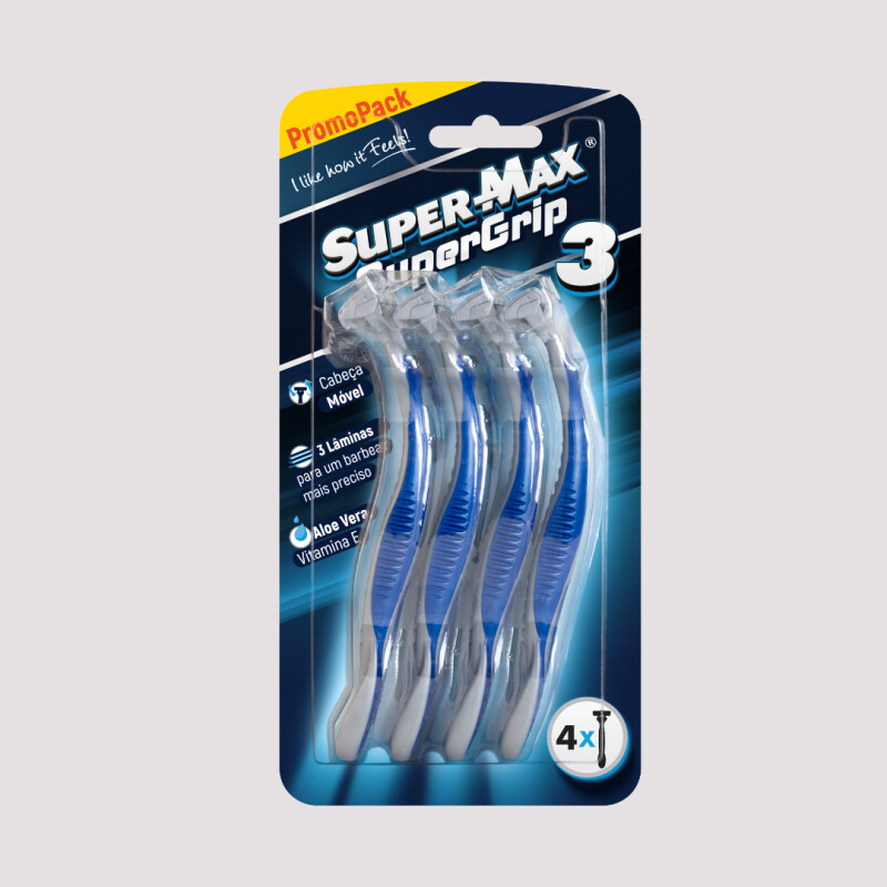 Barb. Supermax Supergrip 3, Azul Pack Com 4 Unidades, Lam Tripla C/ Fita.